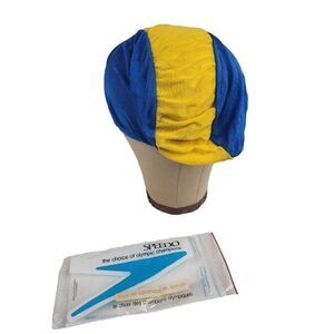 Vintage 80s Speedo Panel Swim Cap Electric Blue Gold Lycra Deadstock